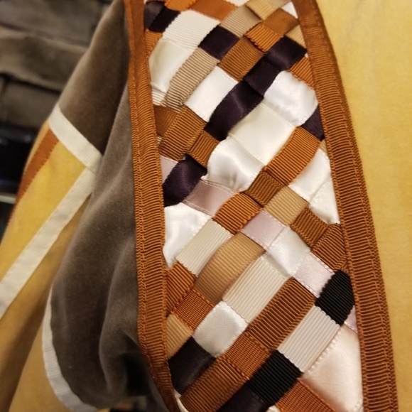 Vintage Velvet Woven Ribbon Patchwork Jacket Tie Sash Mustard Yellow Brown Cream - Picture 3 of 7